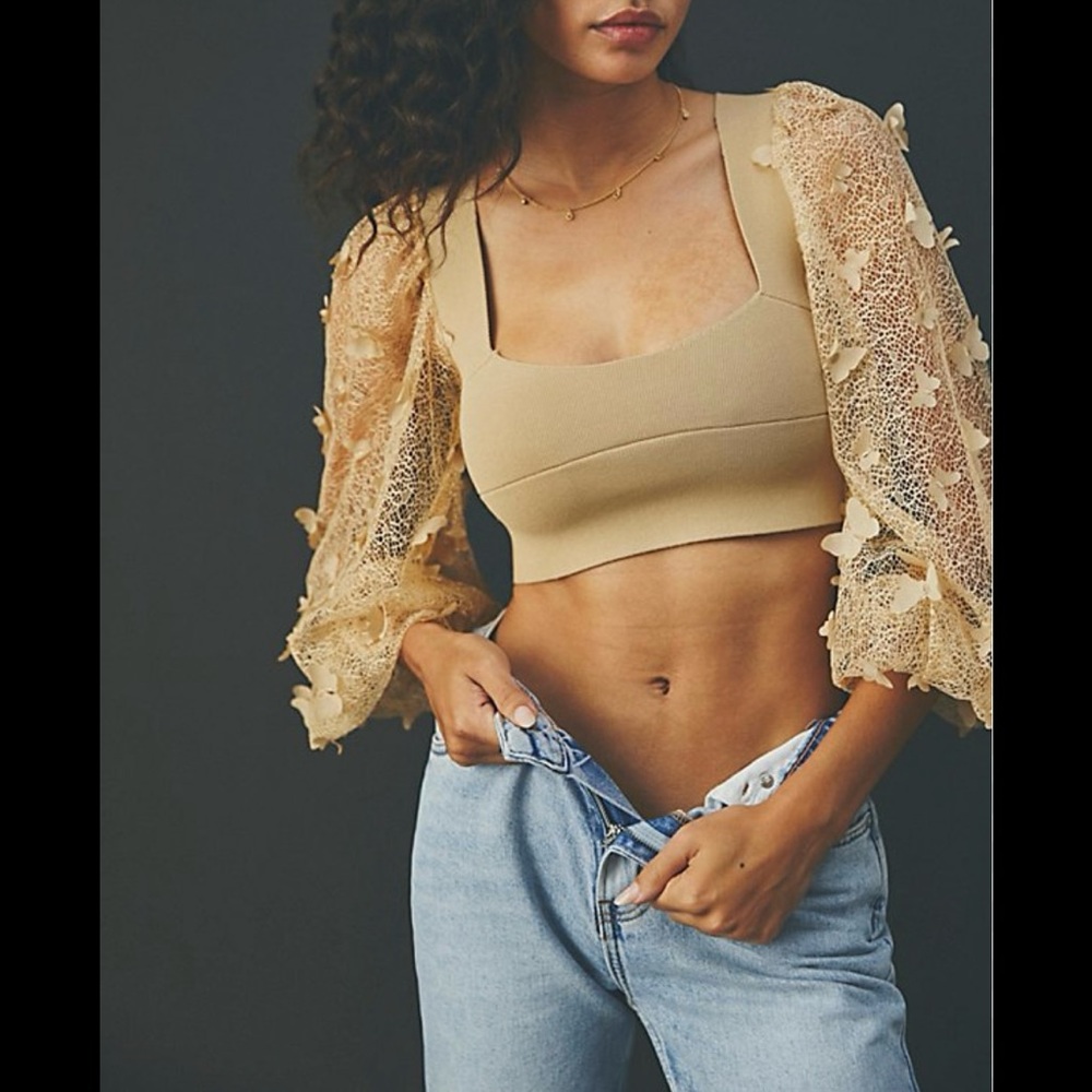 Free People Tan Lace Sleeve Crop Top